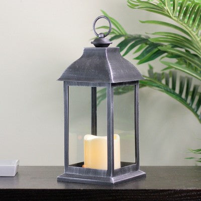  Northlight 12.5" Silver Brushed Black Candle Lantern With Flameless LED Candle