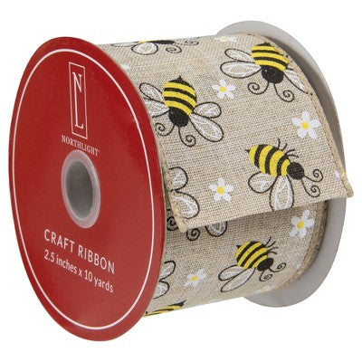  Northlight Natural Burlap Bumblebee Design Wired Spring Craft Ribbon 2.5" X 10 Yards