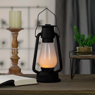  Northlight 12" Black Battery Operated Faux Flame LED Hurricane Lantern