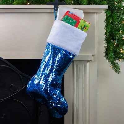  Northlight 22.75" Sky Blue And Silver Reversible Sequined Christmas Stocking With Faux Fur Cuff