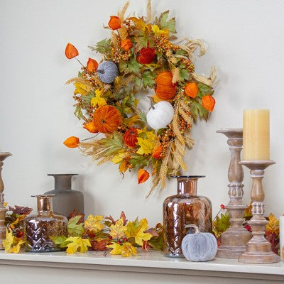  Northlight Velvet Pumpkins And Wheat Artificial Fall Harvest Wreath - 24-Inch, Unlit