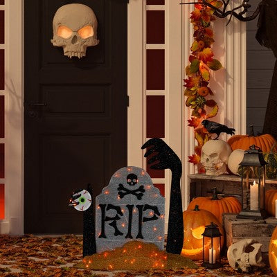  Northlight Lighted Tombstone Halloween Decoration - 31.5" - Black And Gray - Orange LED Lights