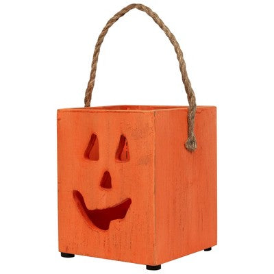  Northlight Small Orange Wood Jack O Lantern Halloween Candle Lantern - 6.25"