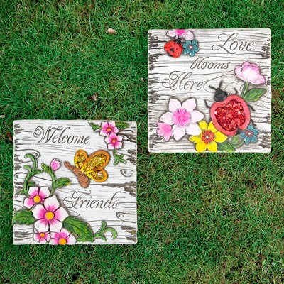  Northlight Set Of 2 Love Blooms And Welcome Friends Floral Outdoor Garden Stones 7"