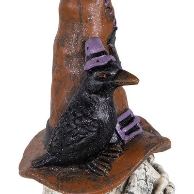  Northlight Skull In Witches Hat With Crow Halloween Decoration - 22.75"