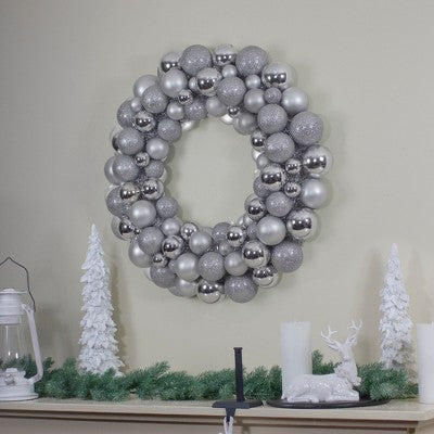  Northlight Silver 3-Finish Shatterproof Ball Ornament Christmas Wreath, 36-Inch