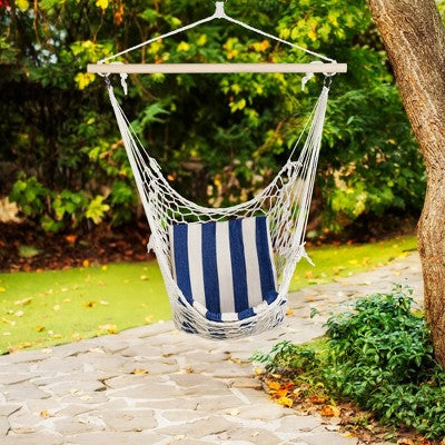  Northlight Macrame Cotton Hammock Chair With Striped Cushion - 46" X 35.25" - Cream And Blue