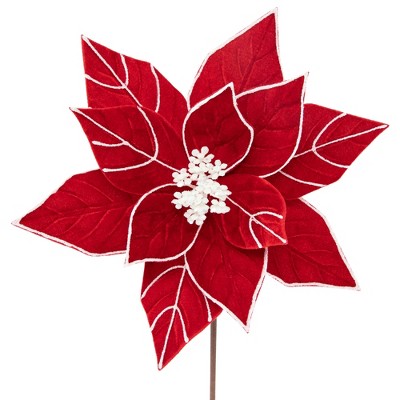  Northlight 20" Red And White Velvet Glittered Poinsettia Christmas Stem Spray