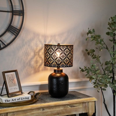  Northlight Round Iron Table Lamp With Laser-Cut Floral Shade - 19" - Black And Copper