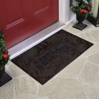  Northlight Gold And Silver "Merry Christmas" Doormat With Reindeer 18" X 30"