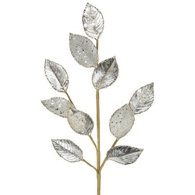  Northlight 28" Platinum Silver And Icy Glitter Leaves Christmas Spray