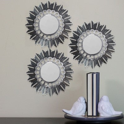  Northlight Set Of 3 Floral Sunburst Brushed Silver Round Mirrors 9.5"