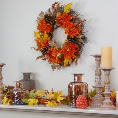  Northlight Mums And Acorns Artificial Floral Twig Wreath, 22-Inch, Unlit