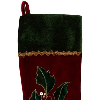  Northlight 21" Red And Green Holly Embroidered Velvet Christmas Stocking