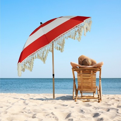  Northlight Striped Outdoor Macrame Boho Beach Market Umbrella With Tiltt- 6.5' - Red And White