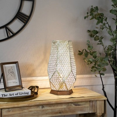  Northlight Laser-Cut Iron Table Lamp With Wooden Base - 16.75" - Gold And Brushed White