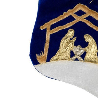  Northlight 20.5" Blue And Gold Nativity Scene Christmas Stocking With Gold Cuff
