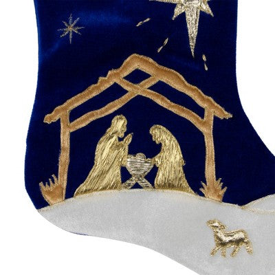  Northlight 20.5" Blue And Gold Nativity Scene Christmas Stocking With Gold Cuff