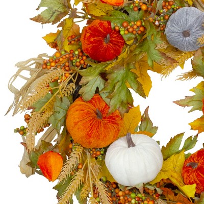  Northlight Velvet Pumpkins And Wheat Artificial Fall Harvest Wreath - 24-Inch, Unlit