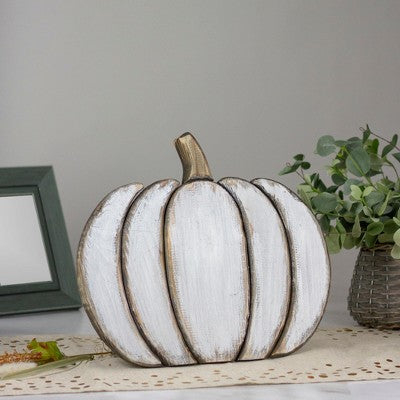  Northlight 13.75 White Wooden Pumpkin Fall Harvest Decoration