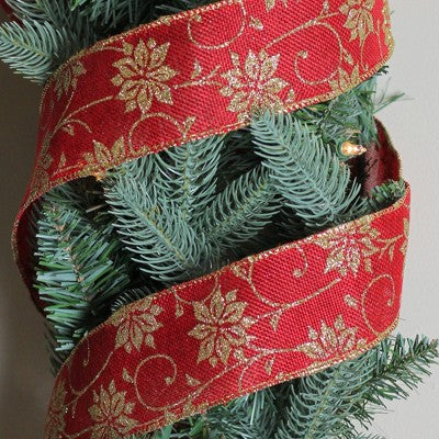  Northlight Cranberry Red And Gold Poinsettia Christmas Wired Craft Ribbon 2.5" X 10 Yards