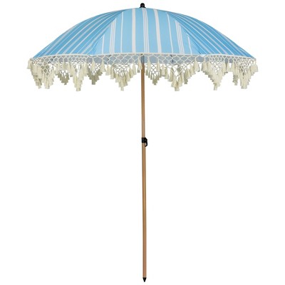  Northlight Striped Outdoor Macrame Boho Beach Market Umbrella With Tilt - 6.5' - Sky Blue And White
