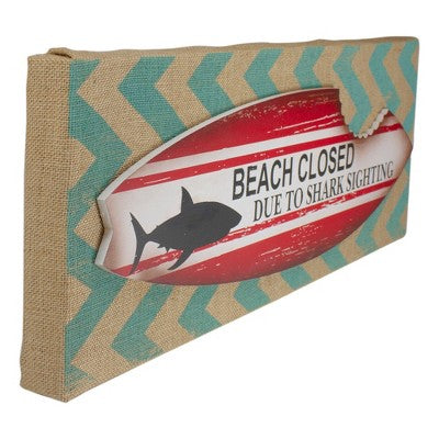  Northlight Rectangular Burlap Covered "Beach Closed" Shark Bite Surfboard Wall Art 24"