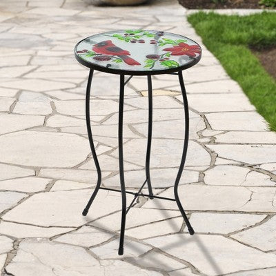  Northlight 19" Red Cardinal And Pine Cone Glass Patio Side Table
