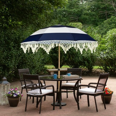  Northlight Striped Outdoor Tilting Macrame Boho Beach Market Umbrella - 6.5' - Blue And White