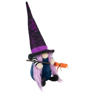  Northlight 14" Black And Purple Witch Gnome With Broom Indoor Halloween Figure