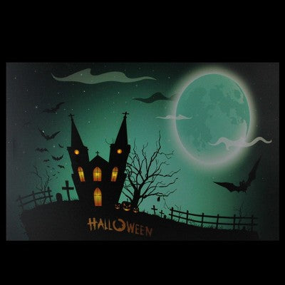 Northlight 23.5" Halloween Prelit LED Church In Cemetery Canvas Wall Art - Teal Blue/Black