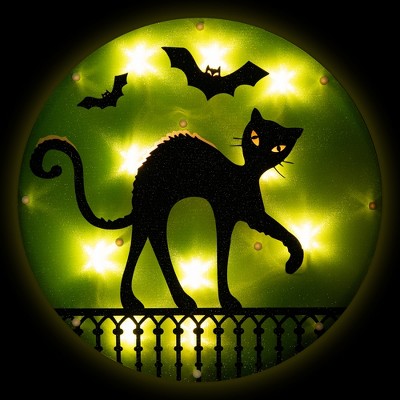  Northlight Lighted Black Cat With Bats Halloween Window Decoration - 13.75"