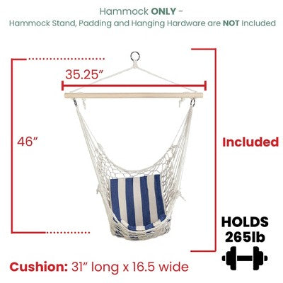  Northlight Macrame Cotton Hammock Chair With Striped Cushion - 46" X 35.25" - Cream And Blue