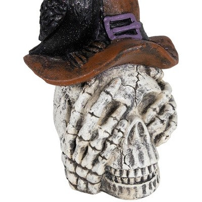 Northlight Skull In Witches Hat With Crow Halloween Decoration - 22.75"
