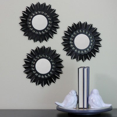  Northlight Set Of 3 Floral Sunburst Matte Black Round Mirrors 9.5