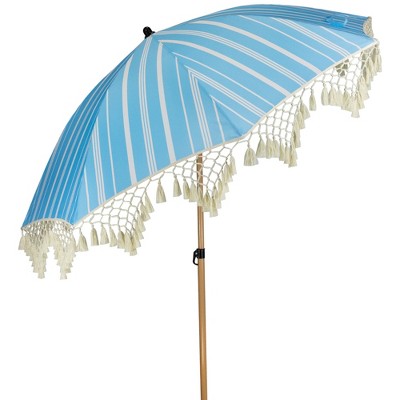  Northlight Striped Outdoor Macrame Boho Beach Market Umbrella With Tilt - 6.5' - Sky Blue And White