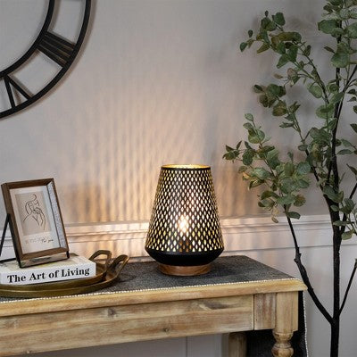  Northlight Laser-Cut Diamond Pattern Iron Table Lamp With Wood Base - 11" - Black And Gold