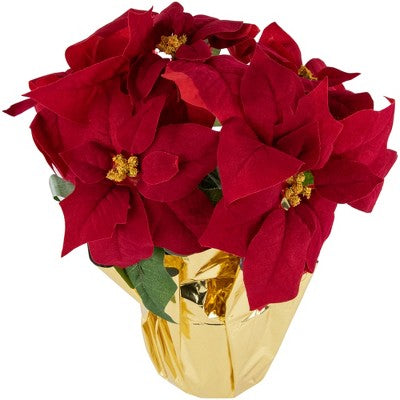  Northlight 16" Red Artificial Christmas Poinsettia Arrangement With Gold Wrapped Pot
