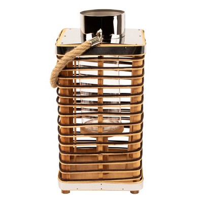  Northlight Rectangular Rattan Glass Candle Lantern With Jute Handle - 15.5"