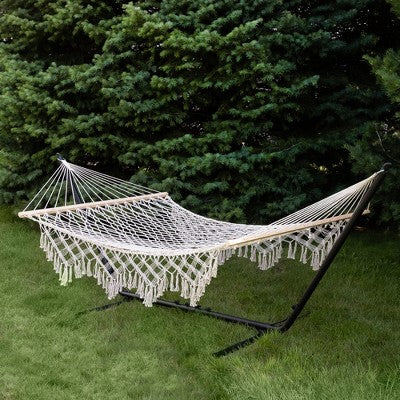  Northlight Lattice Macrame Rope Hammock With Wooden Bars - 74" X 59" - Cream