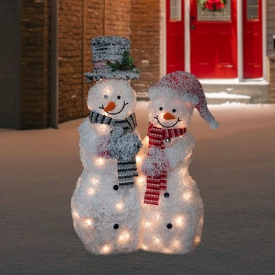 Northlight 39" Lighted Snowy Tinsel Snowman Couple Outdoor Christmas Decoration