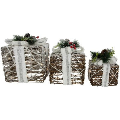  Northlight LED Lighted Gift Boxes With Pine And Berries Christmas Decorations - 9.75" - Set Of 3