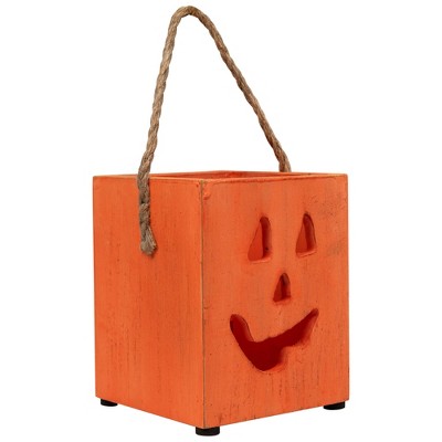 Northlight Small Orange Wood Jack O Lantern Halloween Candle Lantern - 6.25"
