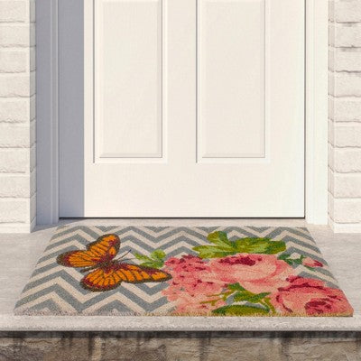  Northlight Coir Rose With A Butterfly Chevron Spring Door Mat 18" X 30"