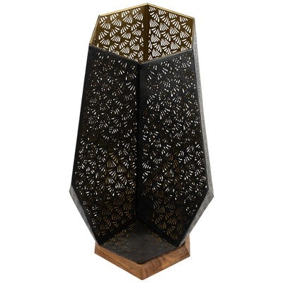  Northlight Laser-Cut Leaf Pattern Iron Table Lamp With Wood Base - 16.5" - Black And Gold