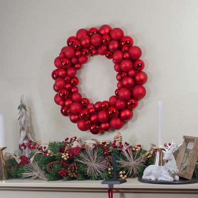  Northlight Red Hot 3-Finish Shatterproof Ball Christmas Wreath, 24-Inch