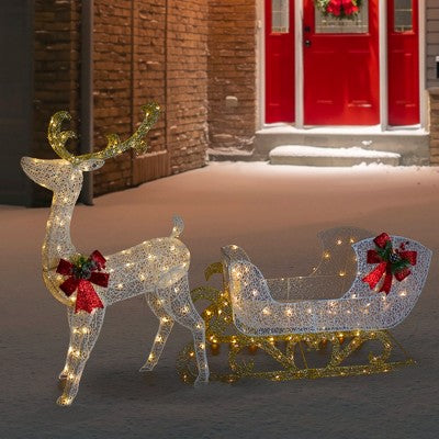 Northlight 48" LED Lighted Glitter Reindeer With Sleigh Outdoor Christmas Decoration