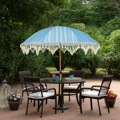  Northlight Striped Outdoor Macrame Boho Beach Market Umbrella With Tilt - 6.5' - Sky Blue And White