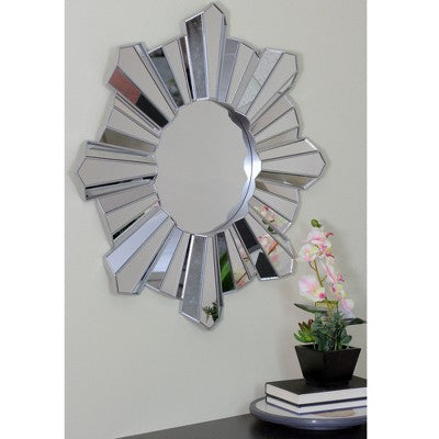  Northlight 25" Silver Matte Sunburst Wave Glass Round Wall Mirror