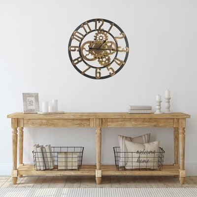  Northlight 24" Gold And Black Battery Operated Round Wall Clock With Cogs